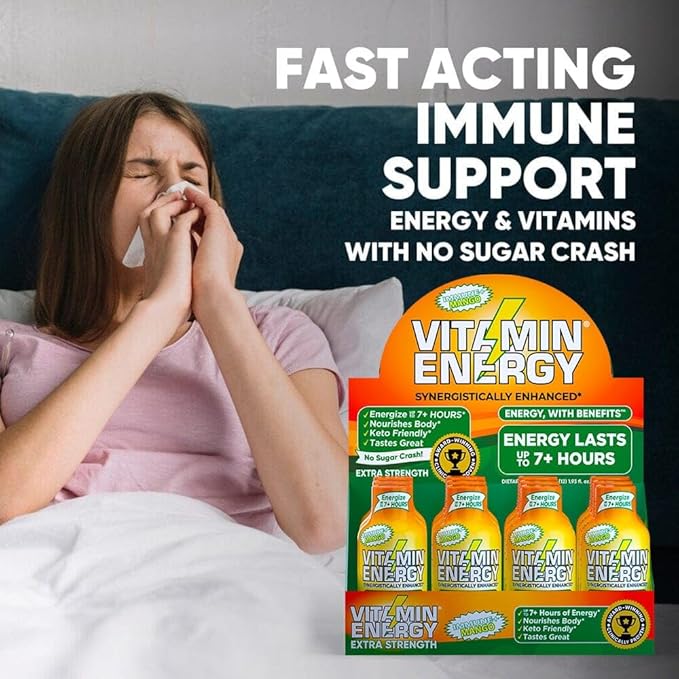 Vitamin Energy Immune+ Extra Strength Energy Shot Mango 24 Pack, 260mg Natural Caffeine, B-Vitamins, Citicoline, Green Tea, Immunity & Focus Support, Zero Sugar, Gluten-Free 1.93 fl oz