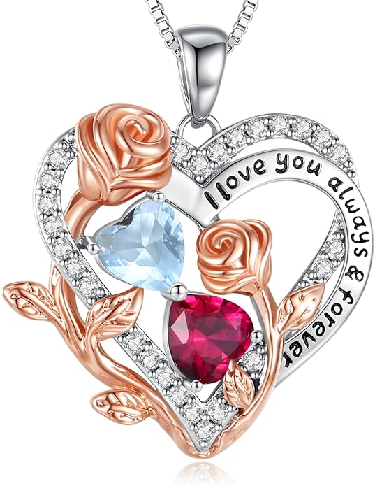 I Love You Birthstone Necklace, 925 Sterling Silver Heart Pendant with CZ Diamond Stones, Birthday Gifts for Women, Romantic Gift for Wife, Girlfriend, Her, Anniversary, Valentine's Day, Christmas