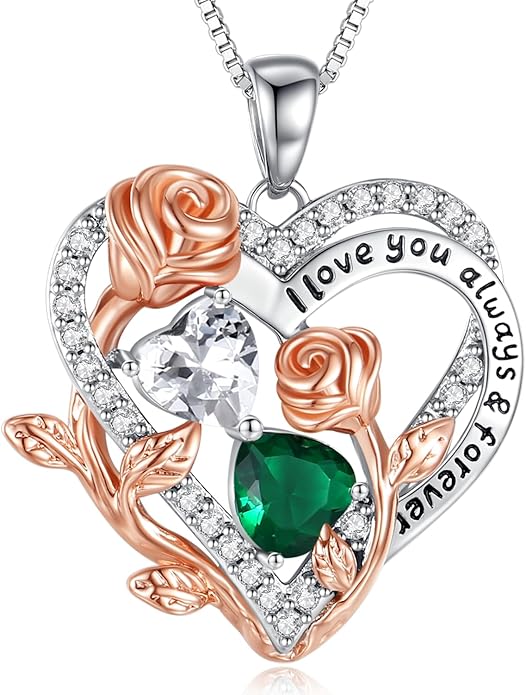 I Love You Birthstone Necklace, 925 Sterling Silver Heart Pendant with CZ Diamond Stones, Birthday Gifts for Women, Romantic Gift for Wife, Girlfriend, Her, Anniversary, Valentine's Day, Christmas