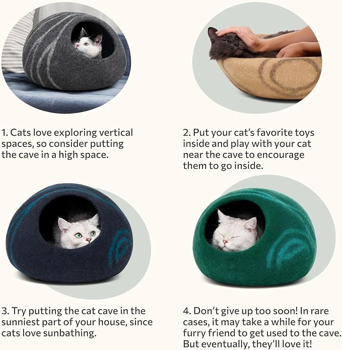 Cat Cave - Merino Wool Bed for Indoor Cats (Beige, Large) | Cat Bed Enclosure, Premium Felt, Handmade, Super Soft, Lightweight, Breathable, Adjustable Shape