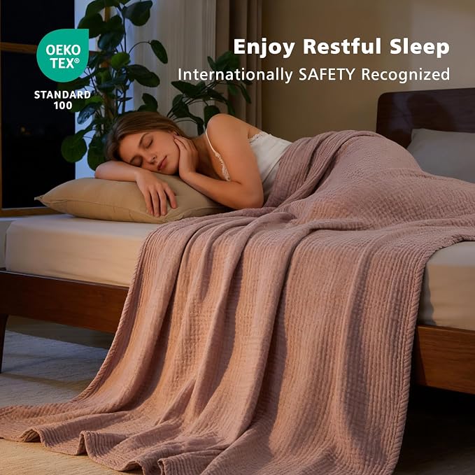 EMME Cotton Muslin Queen Blanket Bed Layering Bedspread Coverlet Breathable Gauze Soft Lightweight Blankets (Heather Dusty Pink, 90"x90")