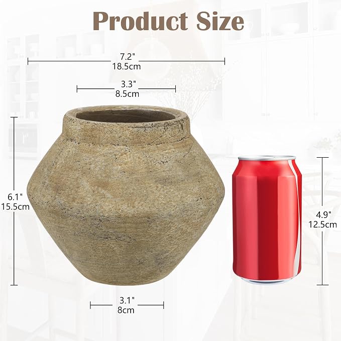Briful Rustic Ceramic Vase 6'' Decorative Farmhouse Table Vase, Brown | Earthy Weathered Clay Urn Pottery for Shelf Decor, Entryway, Coffee Table Centerpiece, Faux Floral, Living Room Mantle Accent