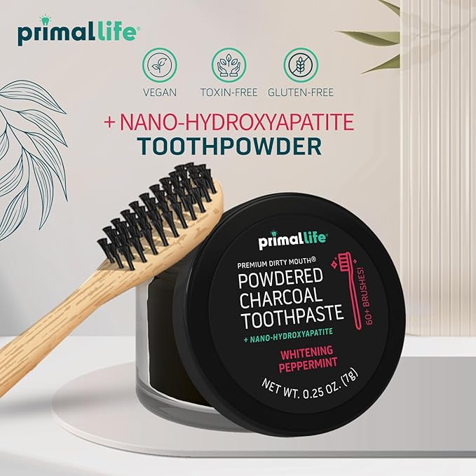 Primal Life Organics -Dirty Mouth Toothpowder, Activated Charcoal Tooth Cleaning Powder, Essential Oils, Hydroxyapatite, Kaolin, Bentonite Clay, 60+ Brushings, Organic, Vegan Black Peppermint 0.25oz