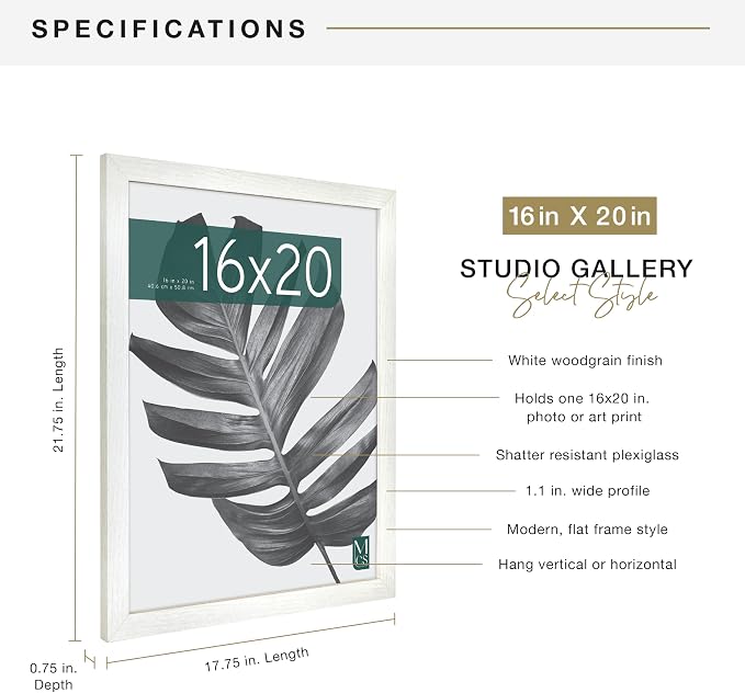 MCS Studio Gallery 16x20 Poster Frame White Woodgrain Engineered Wood, Vertical & Horizontal Wall Hanging Large Picture Frame for Photos, Posters & Art Prints (1-Pack)