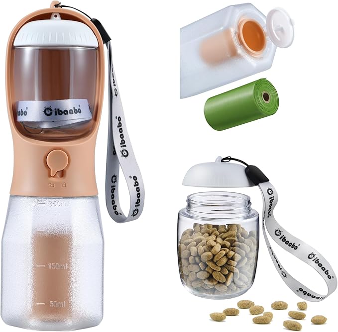 Cibaabo Dog Water Bottle with Food Container & Poop Bag Holder & Filter | Feeding & Hydration & Waste All in One | Travel Puppy Water Bowl | Portable Pet Dispenser | Girl Dog Accessories for Walking