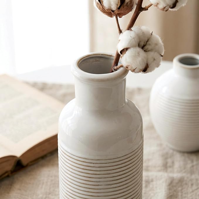 Rustic Farmhouse Vase Set of 3 - Ceramic Decorative Flowers Vases Home Decor - Pampas Grass Dried Fresh Flowers - for Centerpiece, Table, Mantel Entryway, Kitchen, Bedroom (White)