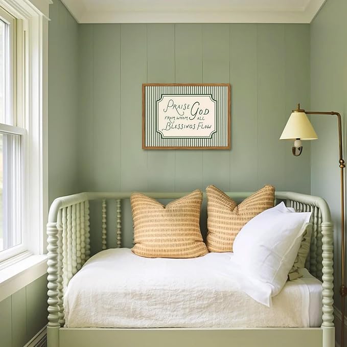 Framed Christian Scripture Wall Art, Bible Verse Pictures Wall Decor, Sage Green Striped Praise God From Whom All Blessings Flow Paintings Canvas Prints Religious Home Decor for Living Room 12x16 inch