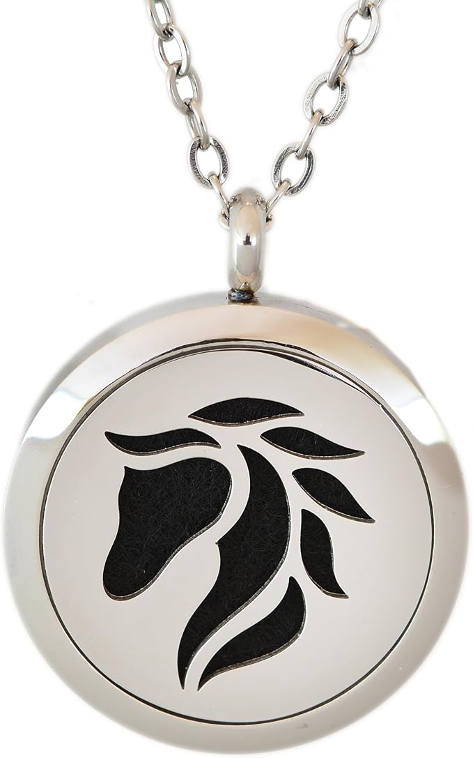 Aromatherapy Essential Oil Diffuser Stainless Steel 30MM Silver Magnetic Locket Pendant with 2 Sizes of Chain Necklace and Colored Refill Pads & Diffuser Bracelet in a Velvet Bag (Horsehead)