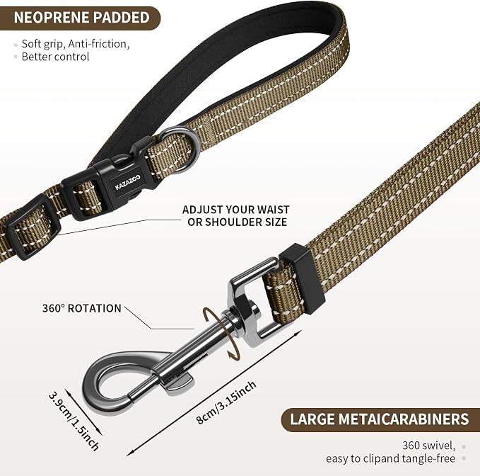 Kazazoo Hands-Free Adjustable Length 5-8 Ft Dog Leash, Crossbody & Waist for Dog Walking, Running for Dogs with Reflective Strips, Ballistic Nylon, Waist Belt Adjustable, Lightweight Brown M