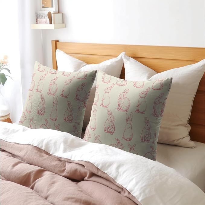 Kawani Easter Bunny Throw Pillow Covers 18x18 Inch Set of 2 Vintage Pink Rabbits Rustic Decorative Pillowcase Square Cotton Linen Cushion Case for Sofa Bed Couch Porch Outdoor Home Decor