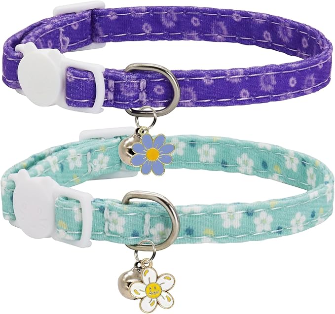 Cat Collars for Girl Cats & Boys, 2 Pack Soft Cotton Breakaway Collar with Removable Bell and Cute Charms, Adjustable Safety Pet Necklace, Flower