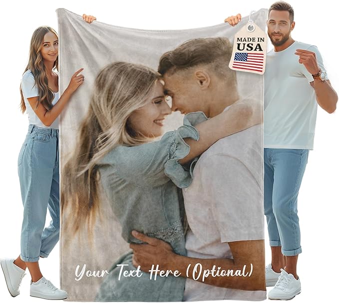iDIY Ships Next Day Custom Blanket with Picture and Text, Made in USA, Personalized Photo Throw Blanket Gift for Mom Dad Wife Husband Girlfriend Boyfriend, Valentine's Day Birthday Anniversary