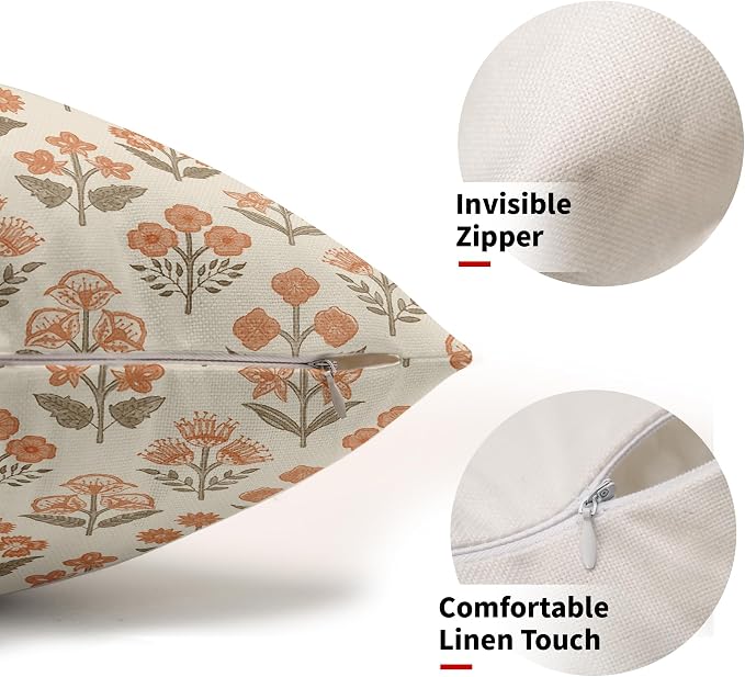Brown Orange Floral Pillow Covers 12x20 Inch Set of 2, Block Print Lumbar Flower Cream Decorative Throw Pillowcases Outdoor Farmhouse Rectangle Cushion Covers Spring Summer Sofa Couch Bed Decor
