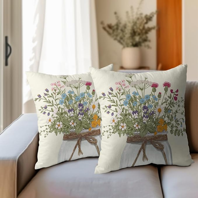 Kawani Herb Wildflowers Throw Pillow Covers 22x22 Inch Watercolor Floral Leaves Mason Jar Farmhouse Pillowcases Cotton Linen Cushion Cover for Couch Sofa Bed Seasonal Home Decor Set of 2