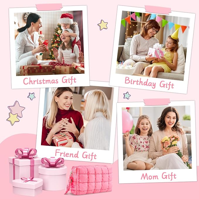 Puffer Quilted Makeup Bag Cosmetic Bags,Puffy Travel Toiletry Pouch for Women,Cute Checkered Zipper Bag Travel Essential,Portable Aesthetic Make up Organizer Bag for Gifts Work Daily(Pink,M)