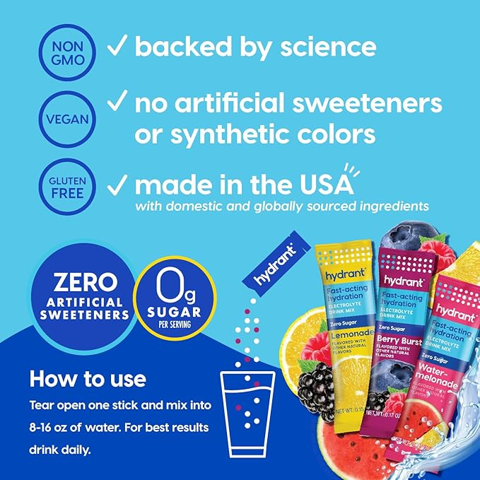 Hydrant - Hydration Powder Variety Pack, 30 Individual Sugar-Free Instant Electrolyte Rehydration Packets - Zero Sugar Drink Mix for Daily Use, Travel & Workouts