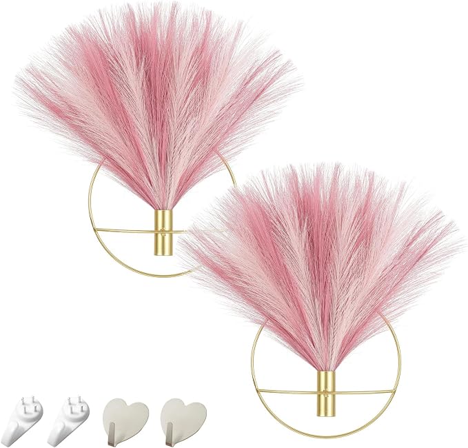 Pretty Jolly Boho Pampas Pink Wall Decor Gold Metal Art | Morden Artificial Greenery Display，2 Pack Gold Hanging Planter For Living Room, Bedroom, Bathroom, Dining room