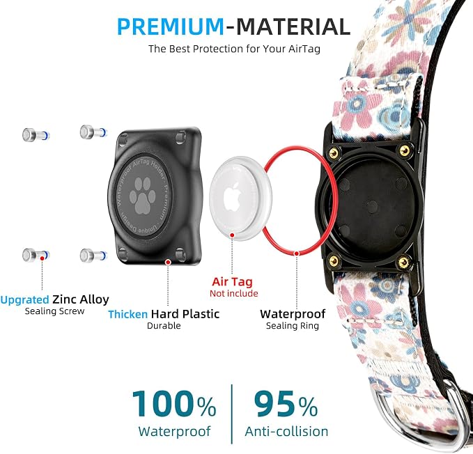 Upgrade Dog Collar with AirTag Holder, IP68 Waterproof, Boho Bloom, M | Built-in Water Resistant AirTag holder, 1000D Nylon, Reflective Stitching for Night Visibility, Soft padding for Comfort
