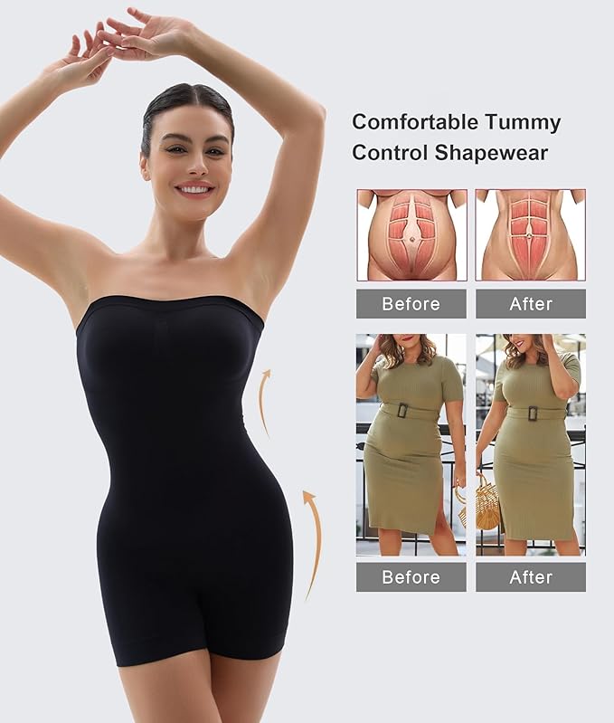 SHAPERX Strapless Shortie Bodysuit for Women Tummy Control Shapewear Seamless Body Shaper with Removable Straps