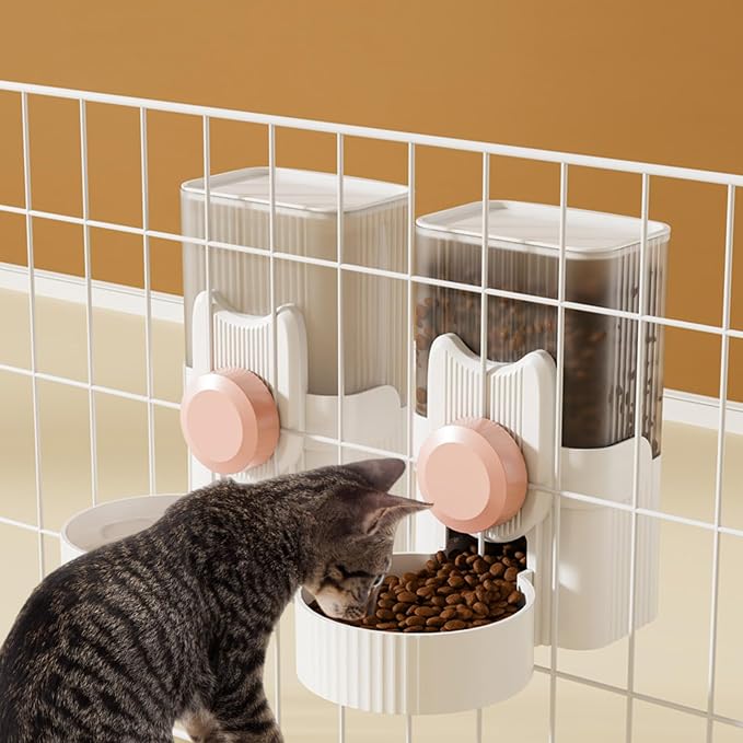 Hanging Cage Auto Pet Food Bowl Water Bottle Dispenser, 1L, Pink | Auto Gravity Pet Feeder and Waterer Set, Kennel Feeding Station, Crate Feeder Dish, For Rabbit Puppy Cats Ferret