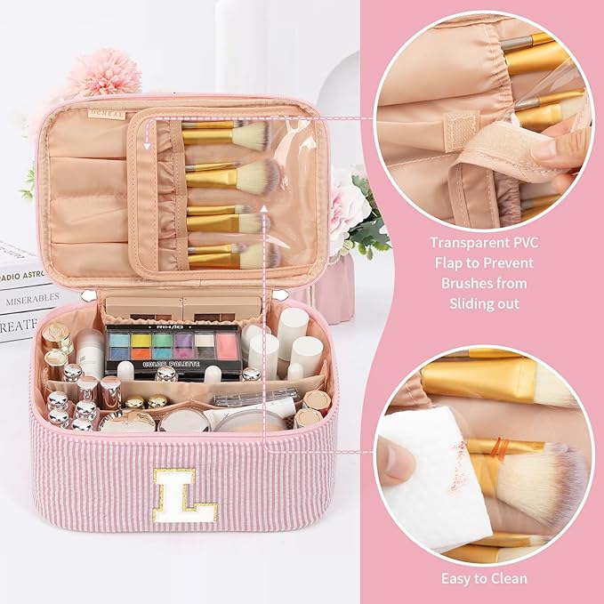 OCHEAL Makeup Bag Valentines Day Gifts for Women, Monogram Cosmetic Bag Pink Travel Makeup Case Beauty Toiletry Bag Organizer Personalized Gifts for Girls Bridesmaid, Sister, Wife, Friends Initial L