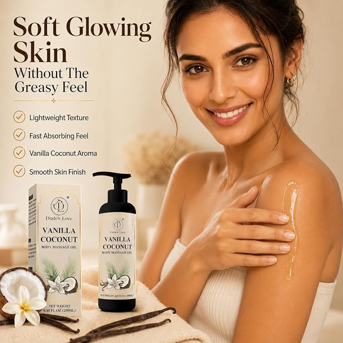 Vanilla Coconut Body Massage Oil | with Vitamin E & Jojoba Oil | Deep Hydration for Dry Skin | Non-Greasy, Fast-Absorbing Formula | 8.45 fl oz (250ml)