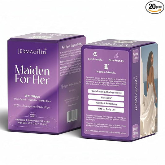 Maiden For Her Wet Wipes, PLANT-BASED, Gentle w/Purified Water, pH-Balanced Feminine Cleansing Wipes, Individually Wrapped, Paraben-Free, Flushable and Mild Fragrance