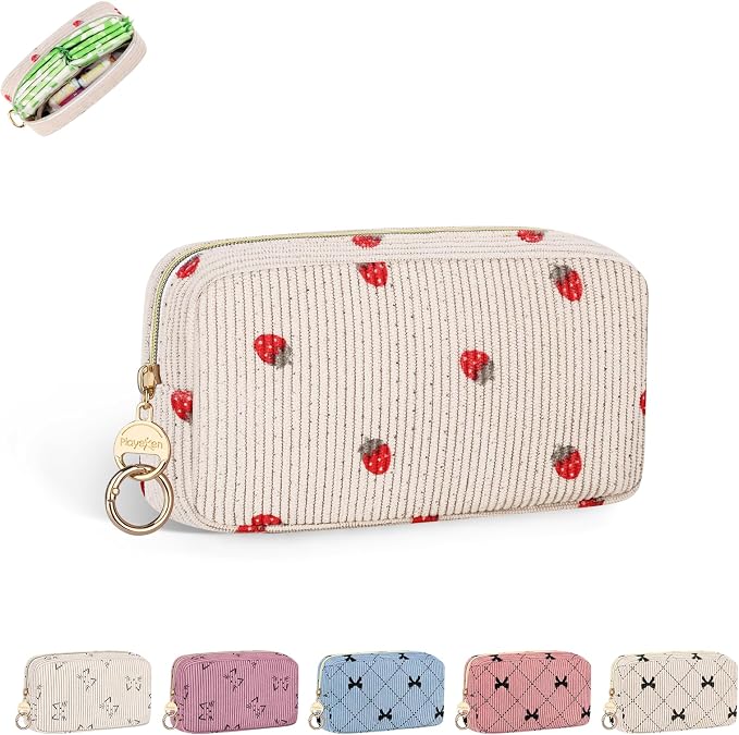 Corduroy Tampon Holder for Purse, Cute Period Bag with Ring Buckle, Portable Tampon Bag Organizer Case for Feminine Products (Strawberry)