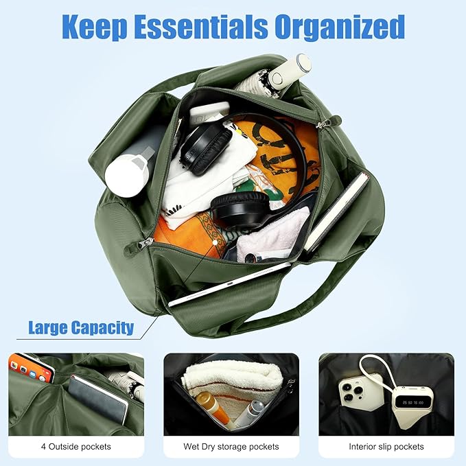 forestfish Yoga Gym Bag for Women with Shoes Compartment & Wet Dry Storage Pockets Lightweight Duffel Bag, Army Green