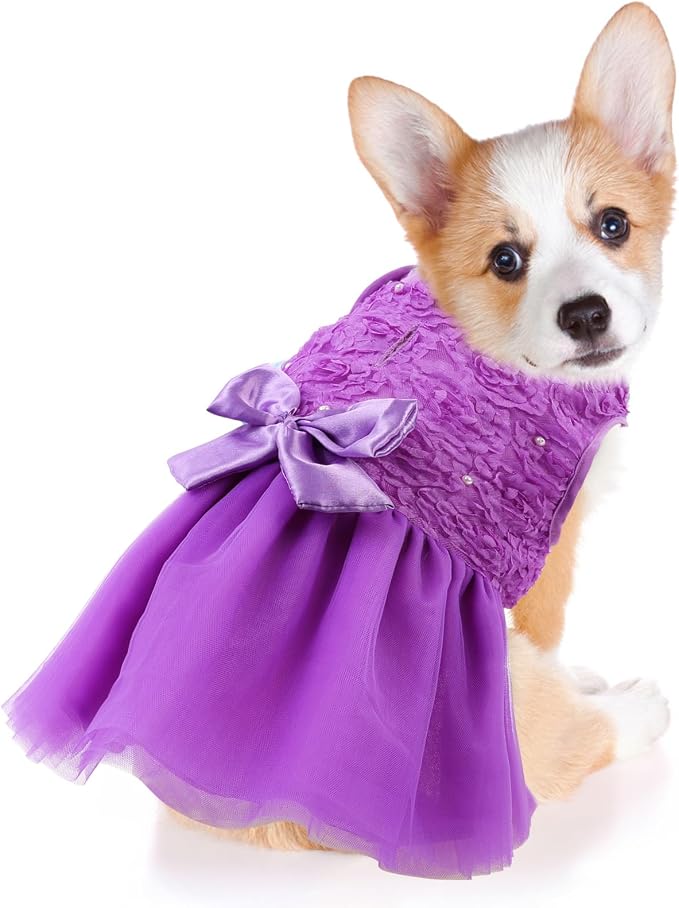 ASENKU Dog Dress Pet Wedding Dress Puppy Birthday Party Outfit, Purple L | Dog Flower Girl Dress With Leash Hole, Princess Puppy Dress For Weddings, Daily Wear, Fits Small Medium Large Dogs Cats