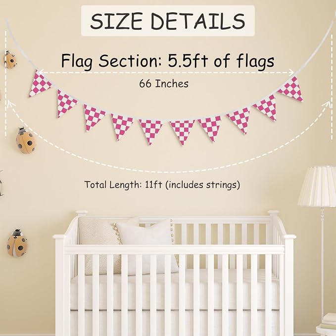 Girls Room Decor Hot Pink Checkered Fabric Garland Triangle Banners,Toddler Girl Playroom Nursery Bedroom Wall Decor, Race Car Party Supplies for Baby Shower Birthday,11Ft Bunting Flags
