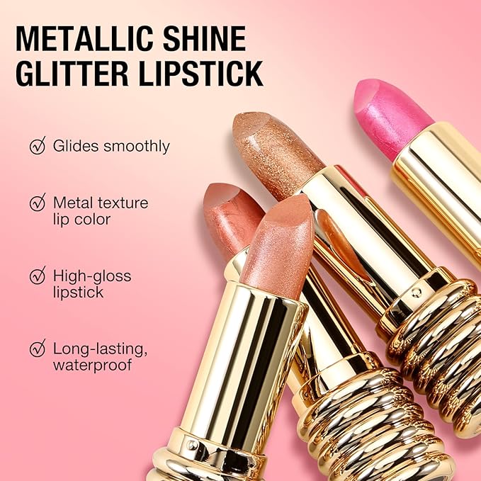 Boobeen Glitter Lipstick for Women Metallic Lip Stick Sparkling Shine Lip Makeup, Bold Smooth Lip Color High Pigment Long Lasting, Creamy Lipstick Full Coverage