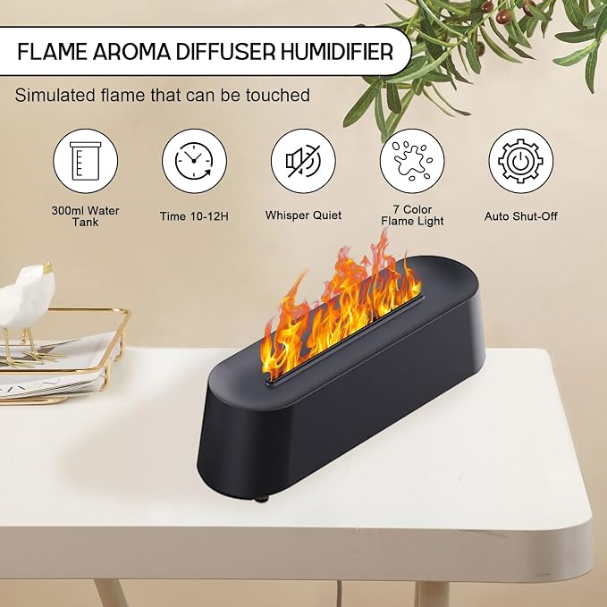 Fireplace Flame Diffuser, Aromatherapy Essential Oil Diffuser, 80ml Cool Mist Ultrasonic Humidifier for Bedroom,Office,Home,Yoga, Timer & Auto Shut-Off, 7 Colorful Night Light