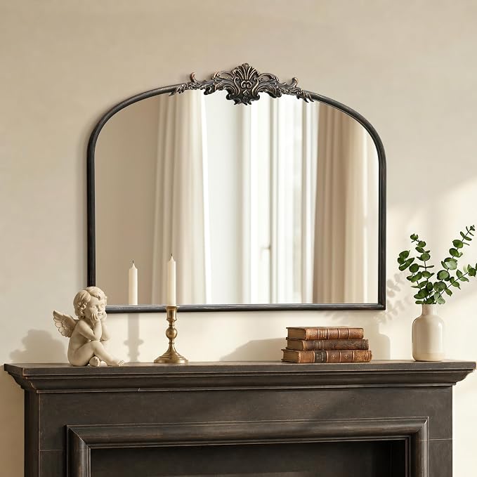 Besdomus Antique Black Wall Mirror: 32"x24" French Ornate Decorative Mirror | Vintage Baroque Ornate Arched Metal Framed for Mantel/Hallway/Bathroom Vanity/Dresser - Ideal Gifts for Housewarming/Birthday