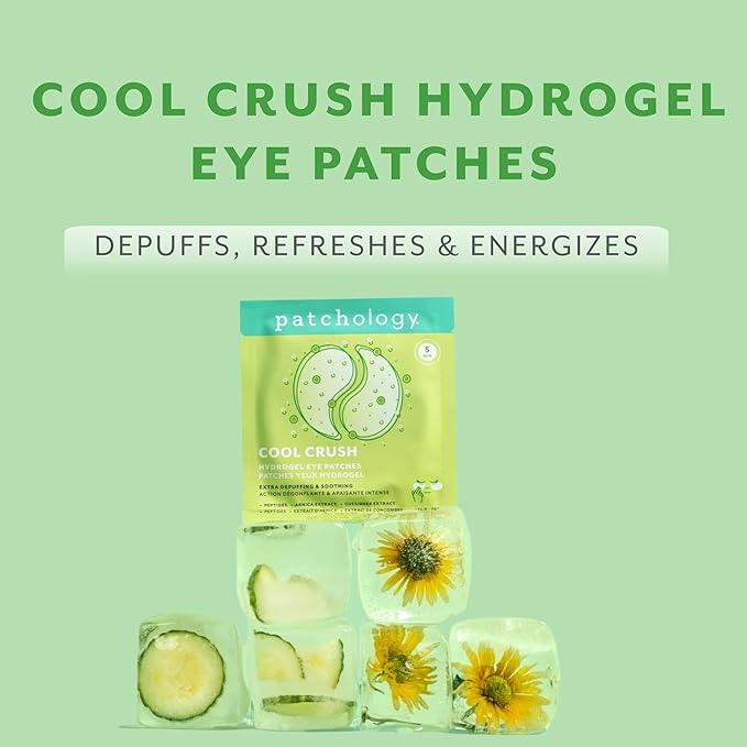 Patchology Serve Chilled Cool Crush Hydrogel Under Eye Patches for Puffiness – Cryo-Inspired Cooling | No-Slip Grip-Tech | Peptides, Caffeine, Cucumber, Arnica | 5 Pairs