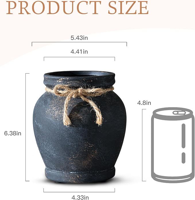Lvases 6.5in Black Ceramic Vase Distressed Matte Modern Farmhouse Decor | Handcrafted distressed black ceramic vase with jute rope bow, small table centerpiece for living room kitchen and dining