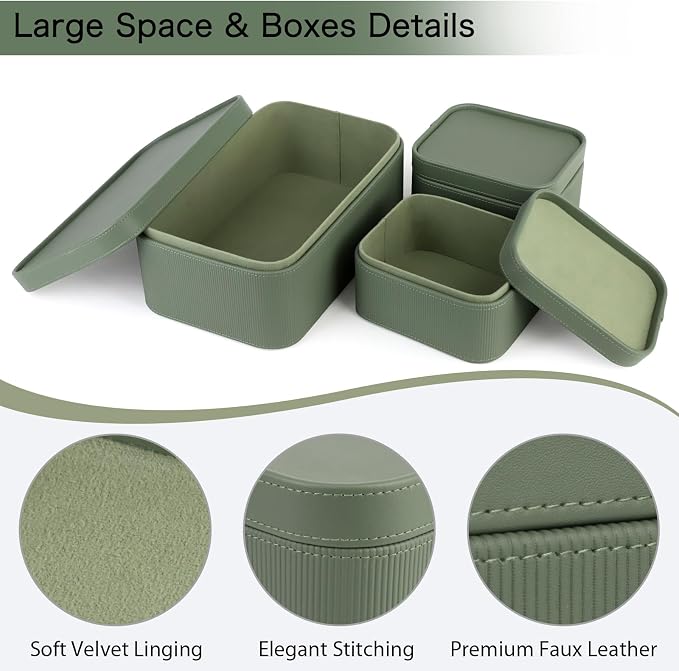 HofferRuffer Faux Leather Decorative Storage Boxes, Dust proof Storage Shelf Baskets with Lids Trays, Storage Bins Memory Box Organizer for Home, Office, Jewelry & More, Set of 3 (Green)