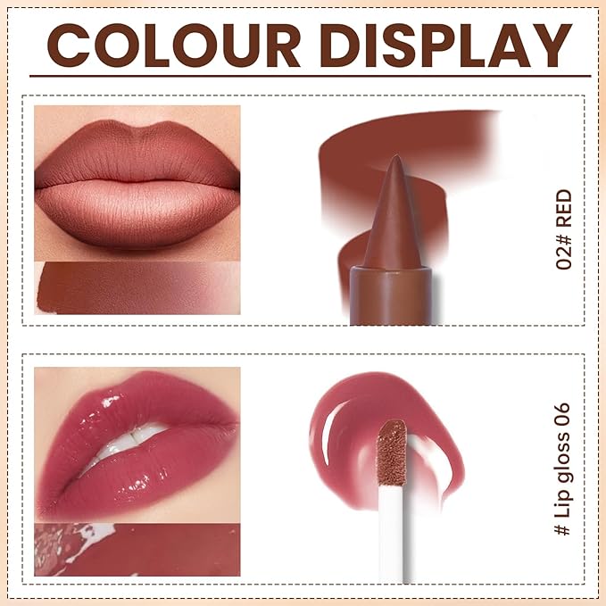Lip Liner Gloss Set, Red Plumping Lip Liner Lip Pencil Moisturizing Lightweight Lip Gloss Lip Combo, High Shine Glossy Lip Tint Lip Stain Makeup Long Lasting Lip Contour for Women