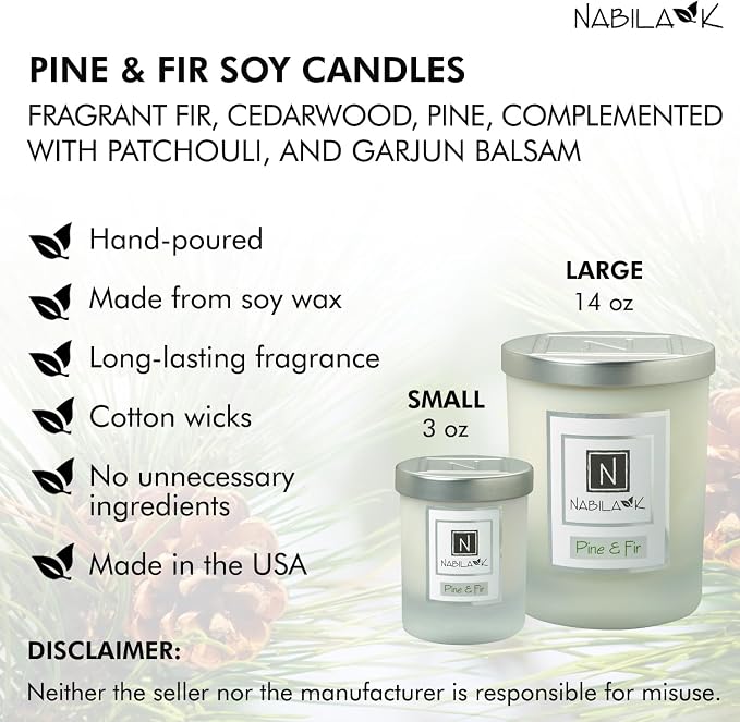 Nabila K – Pine & Fir - Soy-Based Candle – Fragrant Fir, Cedarwood, Pine, Patchouli, Garjun Balsam - Hand-Poured - Cotton Wick - Aromatherapy Candle w/Essential Oils - Made in USA - 14 oz