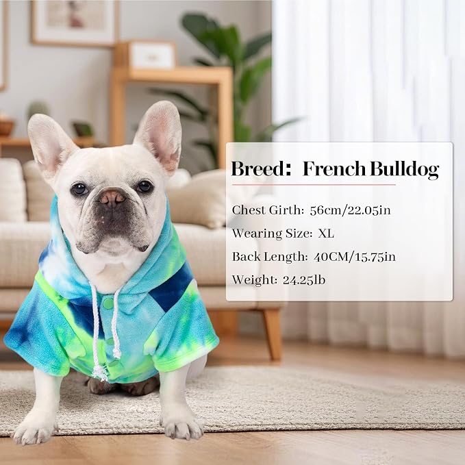Dog Hoodie Tie Dye Dog Sweatshirt Chic Winter Clothes Ultra-Soft Warm Sweaters for Small Medium Dogs Fashion Pet Clothes for Dogs (Blue/Yellow/Green, L (Back: 14.96",Chest: 19.68", Neck: 16.53"))