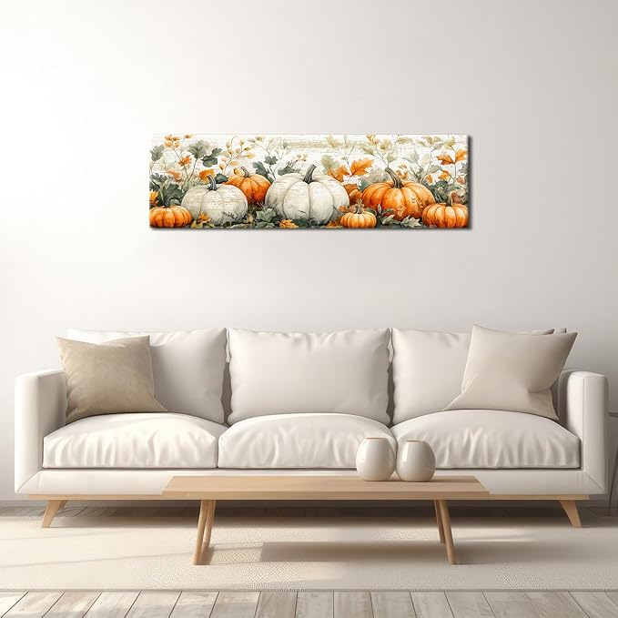 Pumpkin Canvas Wall Art Fall Picture Botanical Wall Decor for Kitchen Living Room, Rustic Flowers Scenic Prints Painting Holiday Decorations Watercolor Autumn Flowers Painting Poster Artwork 14x48”