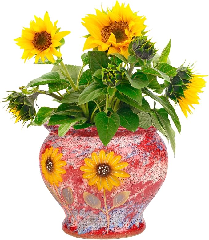 Sungmor 9 Inch Hand Painted Ceramic Succulent Plant Pots - Red & Daisy | Vintage Decorative Pottery Planters for Indoor Outdoor Plants, Table Centerpieces & Flower Arrangement Home Decor