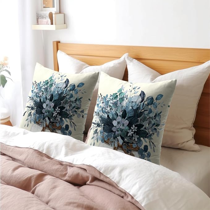 Kawani Blue Eucalyptus Throw Pillow Covers Set of 2, 20x20 Inch Leaves Mason Jar Farmhouse Pillowcases Double Sided Cotton Linen Cushion Cover for Couch Sofa Car Outdoor Home Decor