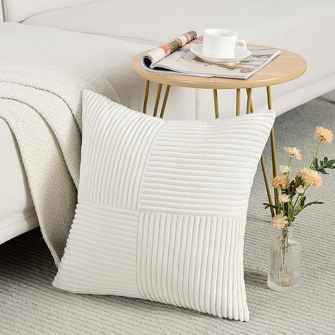 Fancy Homi Cream White Decorative Throw Pillow Covers 20x20 Inch for Living Room Couch Bed Sofa, Farmhouse Boho Home Decor, Soft Corss Corduroy Patchwork Accent Square Cushion Case 50x50 cm