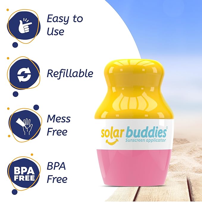 Solar Buddies Sunscreen Applicator - Pink Pack of 3 - BPA-Free Refillable Roll on Sponge Sunscreen, Suncream & Lotion Applicator For Kids, Adults & Families - Holds 3.4fl oz, Perfect Size for Travel