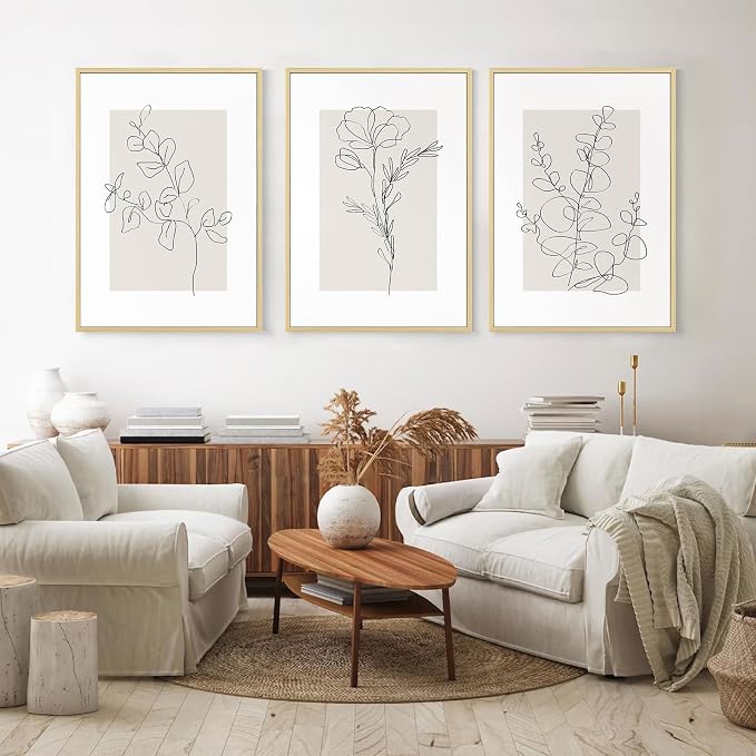 Neutral Botanical Prints Wall Art Flower Minimalist Canvas Wall Decor Vintage Line Wall Art Floral Plant Painting Pictures Beige Boho Artwork Farmhouse Poster for Bedroom 12x16 Inch Framed Set of 3