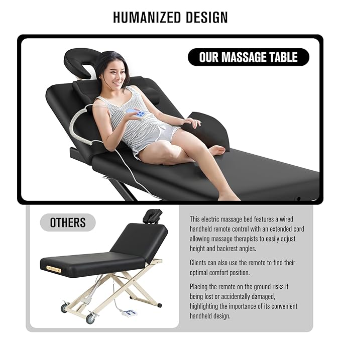pouseayar Heavy Duty Electric Massage Table, 32" x 75" Black, Electric Lift & Backrest, 2 Motor Adjustable, Supports Up to 1000 lbs