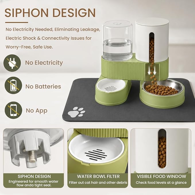 Gravity Cat Feeder 2 Pack Automatic Food Feeder and Water Dispenser Set Detachable Pet Bowl with Silicone Mat for Cats Small Medium Dogs, Large Capacity(Green)