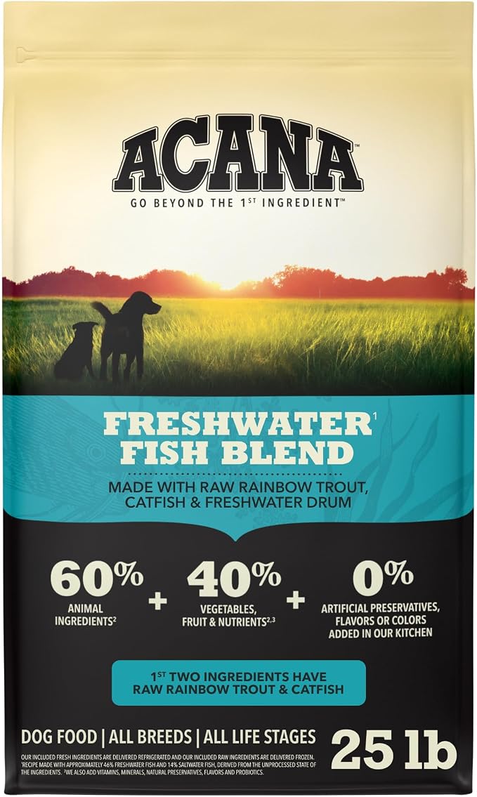 ACANA Grain Free Dry Dog Food Freshwater Fish Recipe 25lb Bag | Freeze Dried, Grain Free, High Protein, Made in the USA, Global Quality Ingredients, Nutrients and Flavor Preserved