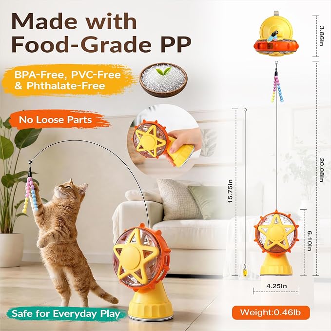 Interactive Cat Treat Dispenser, 2-in-1 Slow Feeder & Wand, Yellow | Boredom Buster, Mental Stimulation, Puzzle Toy, Adjustable Slow Feeder, Suction Cup, Enrichment, Indoor Cats & Small Dogs